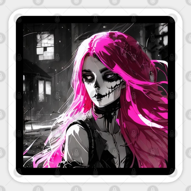 Monochrome Marvels: Mesmerizing Black and White Anime Girl Creations Goth Gothic Fashion Pink Hair Dark Sticker by ShyPixels Arts